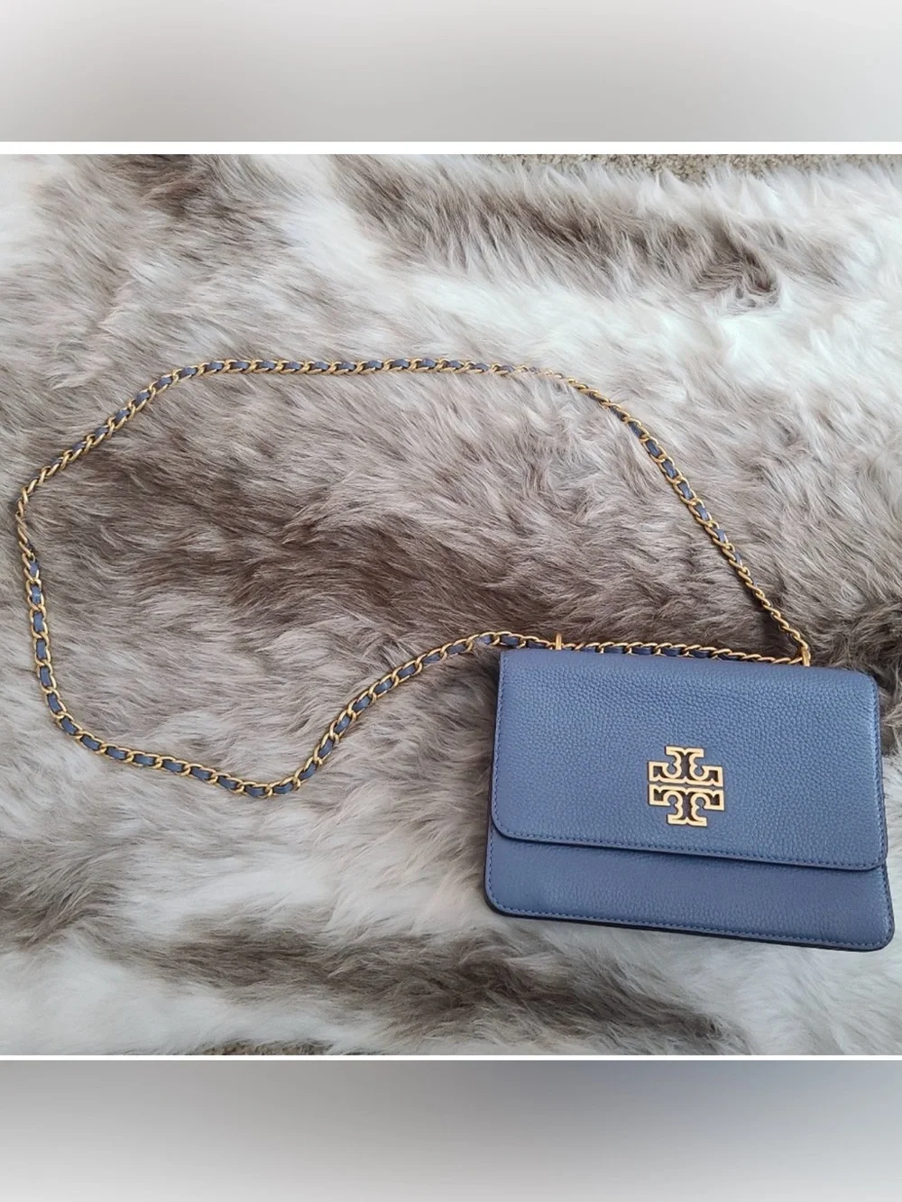 Tory Burch Navy Pebbled Leather Crossbody with Gold Logo Chain